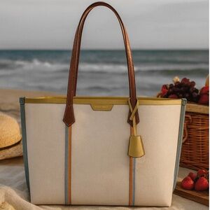 Tory Burch Perry Triple Compartment Natural Canvas with Plaid Fabric Lining